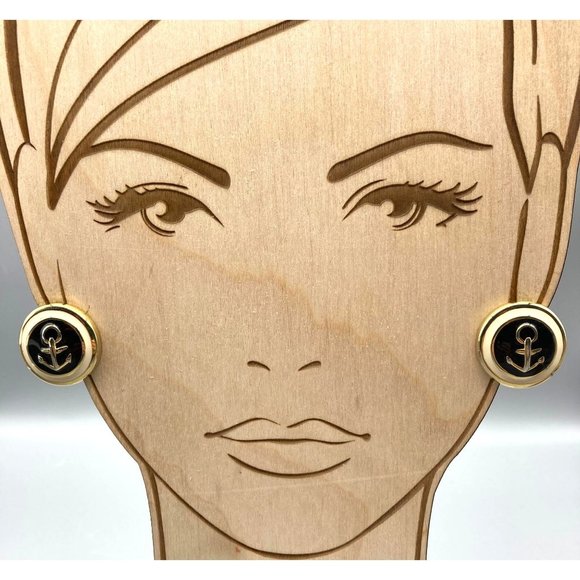 Vintage Enamel Anchor Earrings, Gold Tone Circles with Navy Blue and Cream Studs - Picture 1 of 5